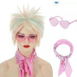 Short Blonde Wigs for Women Highlight Pink & Blue Wigs with Bandana and Glasses